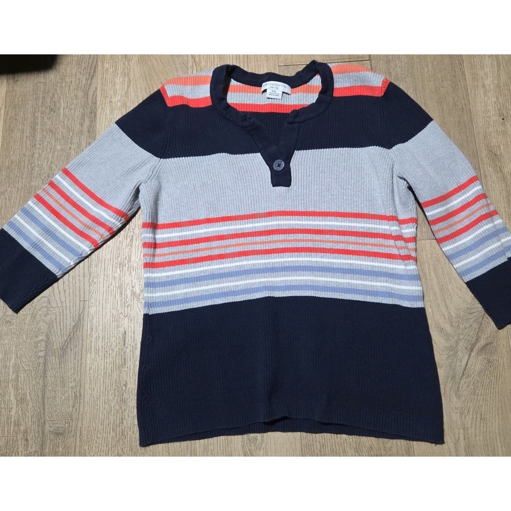 Liz Claiborne Petite PXL Women's Striped Ribbed Cotton Sweater Navy Coral